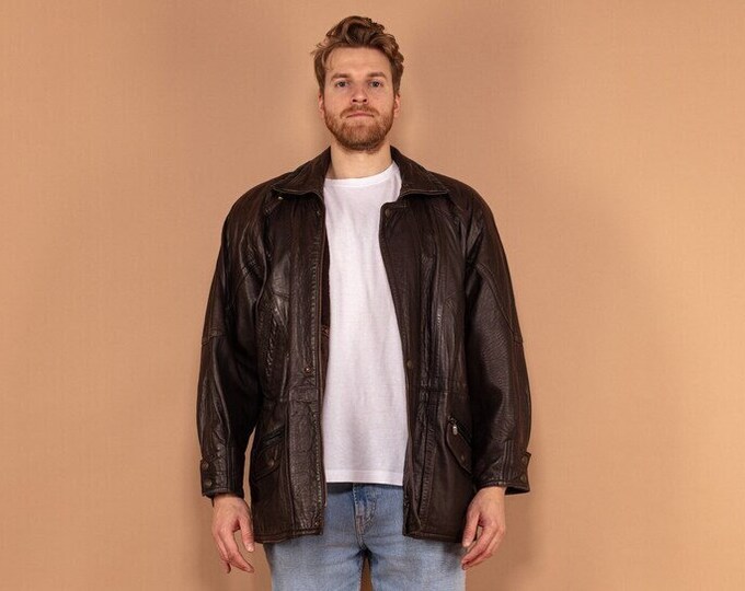 Vintage Leather Jacket Large Men Size, Mens 80s Brown Leather Jacket, Vintage Men Clothing,  Leather Bomber, Motorcycle Bomber Jacket, Gift