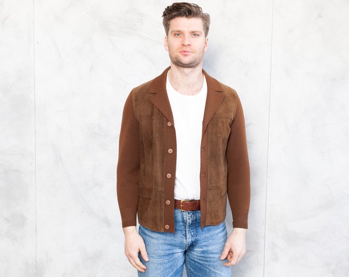 Vintage Men Jacket knitted cardigan suede front cardigan argyle print sweater rockabilly vintage green men/'s aviator jacket size large