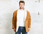 Mens Sheepskin Coat . Vintage 90s Sherpa Leather Coat Suede Jacket Winter Leather Brown Overcoat Outerwear Long Jacket . size Large