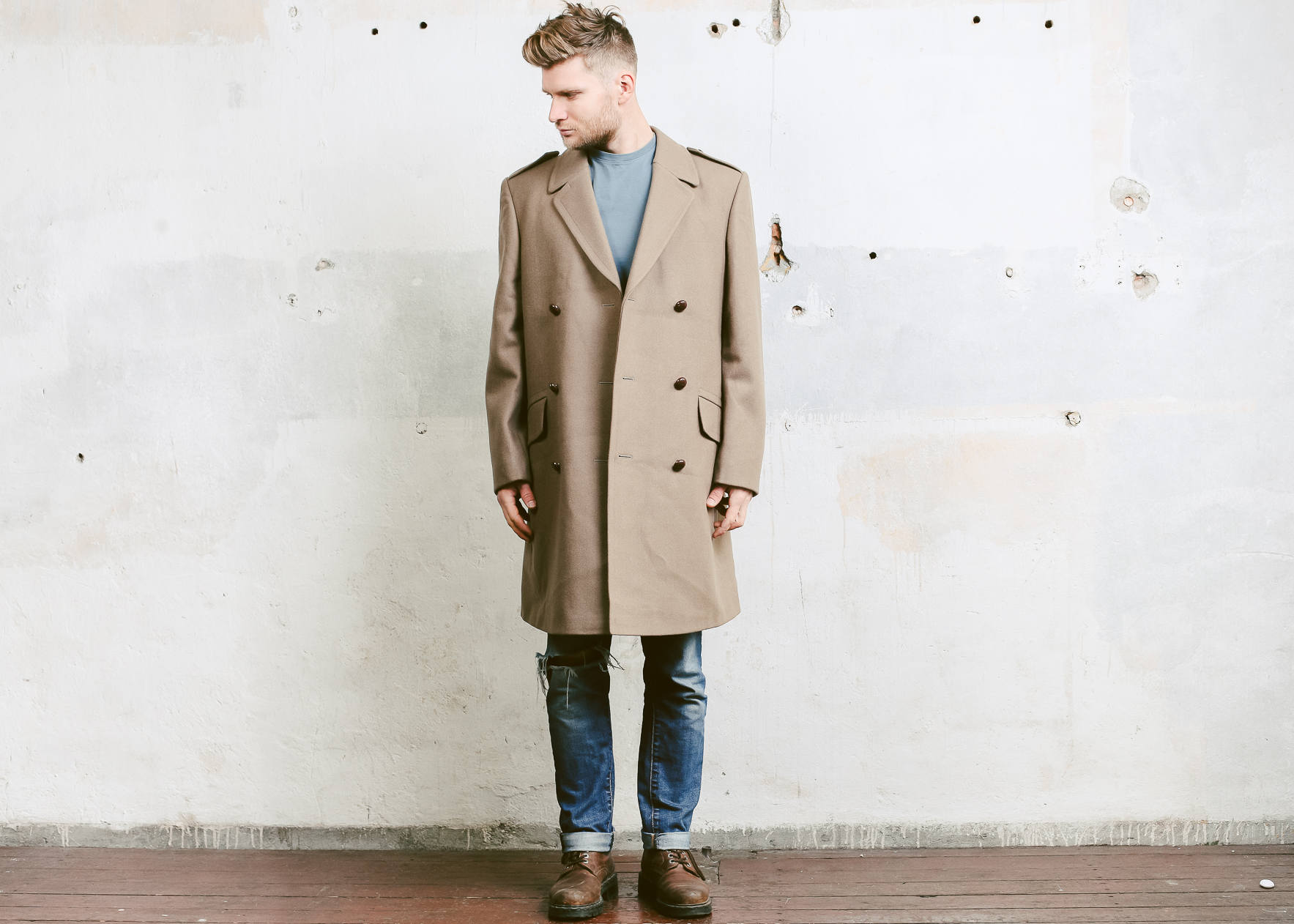 Mens 70s Beige Wool Coat . Vintage Winter Overcoat Oversized Jacket ...