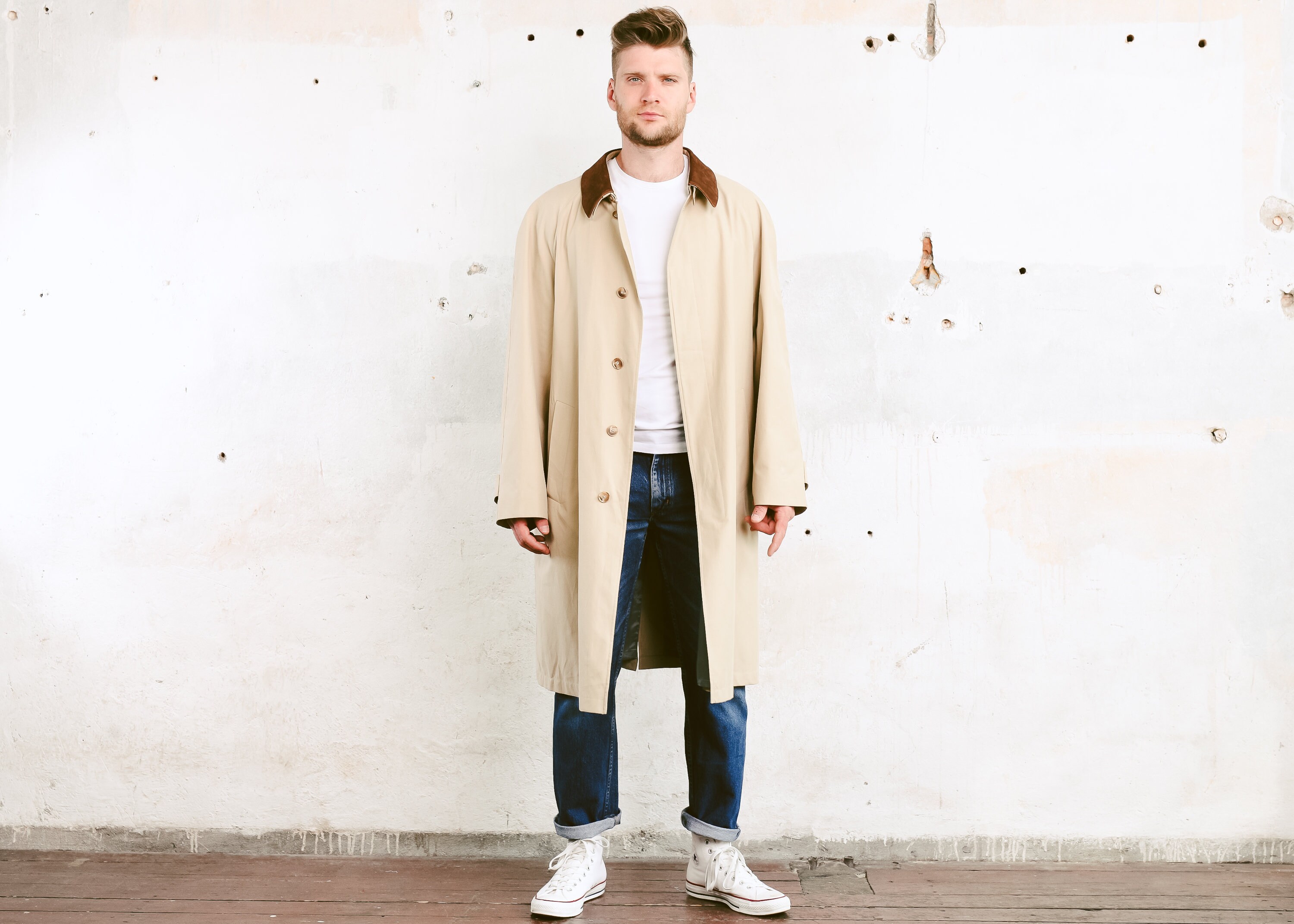 Beige Bugatti Mac Coat . Men's Vintage 80s Duster Coat Spring Coat ...