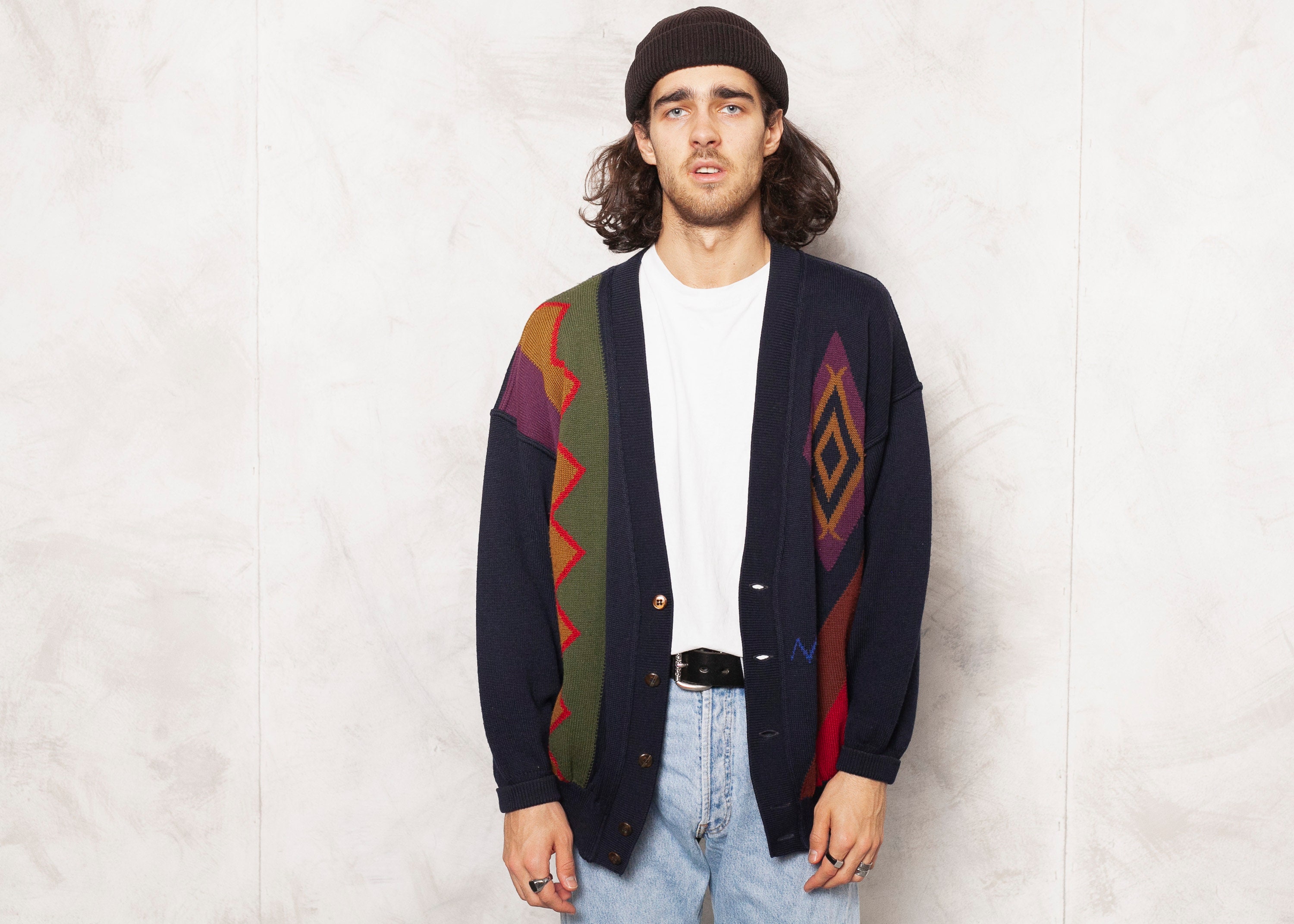 Geometric Print Cardigan Blue Men Vintage 90s Knit Cardigan Knitted