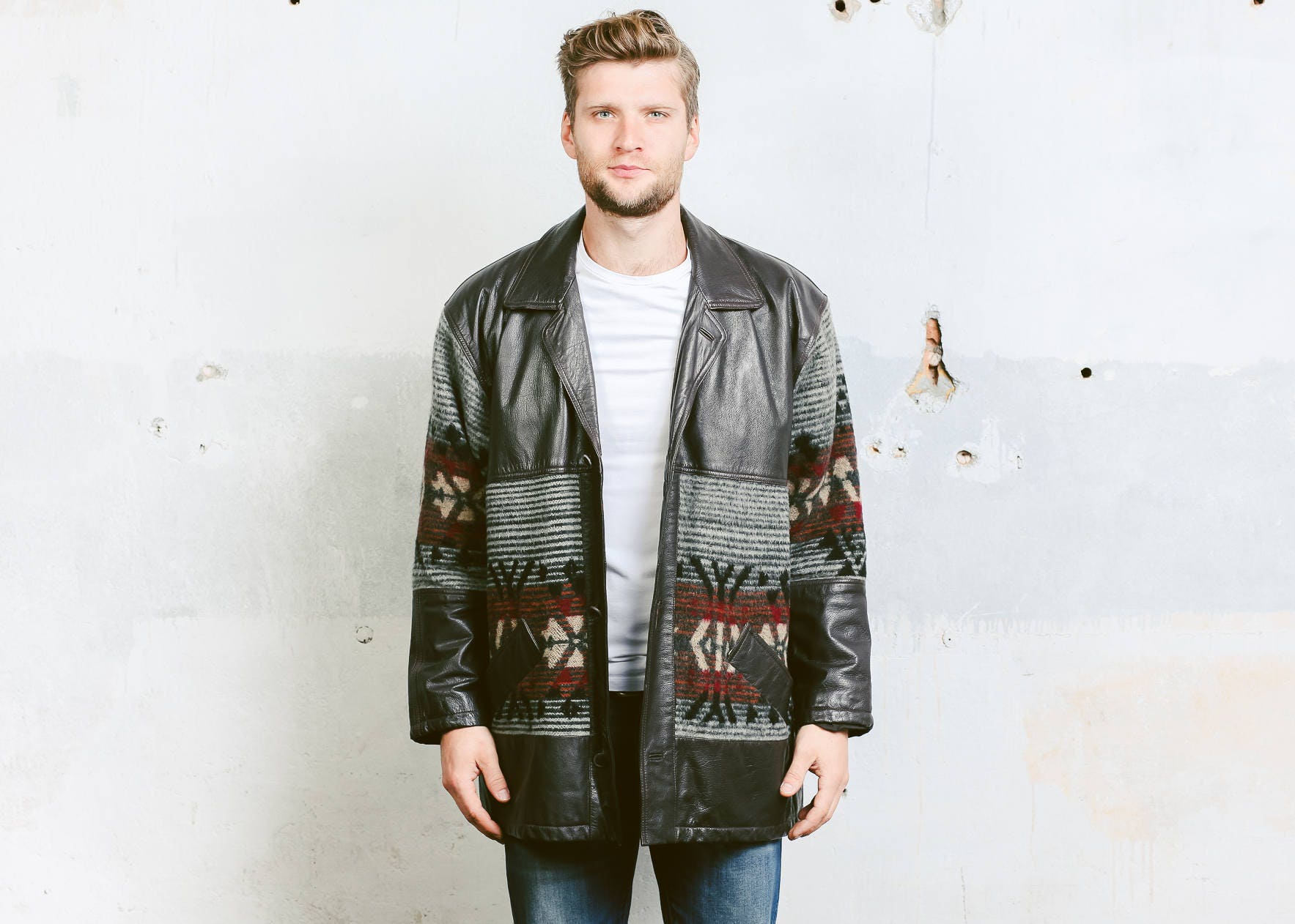 Men Aztec Fleece Coat . Southwestern Wool Jacket Dark Winter Outerwear