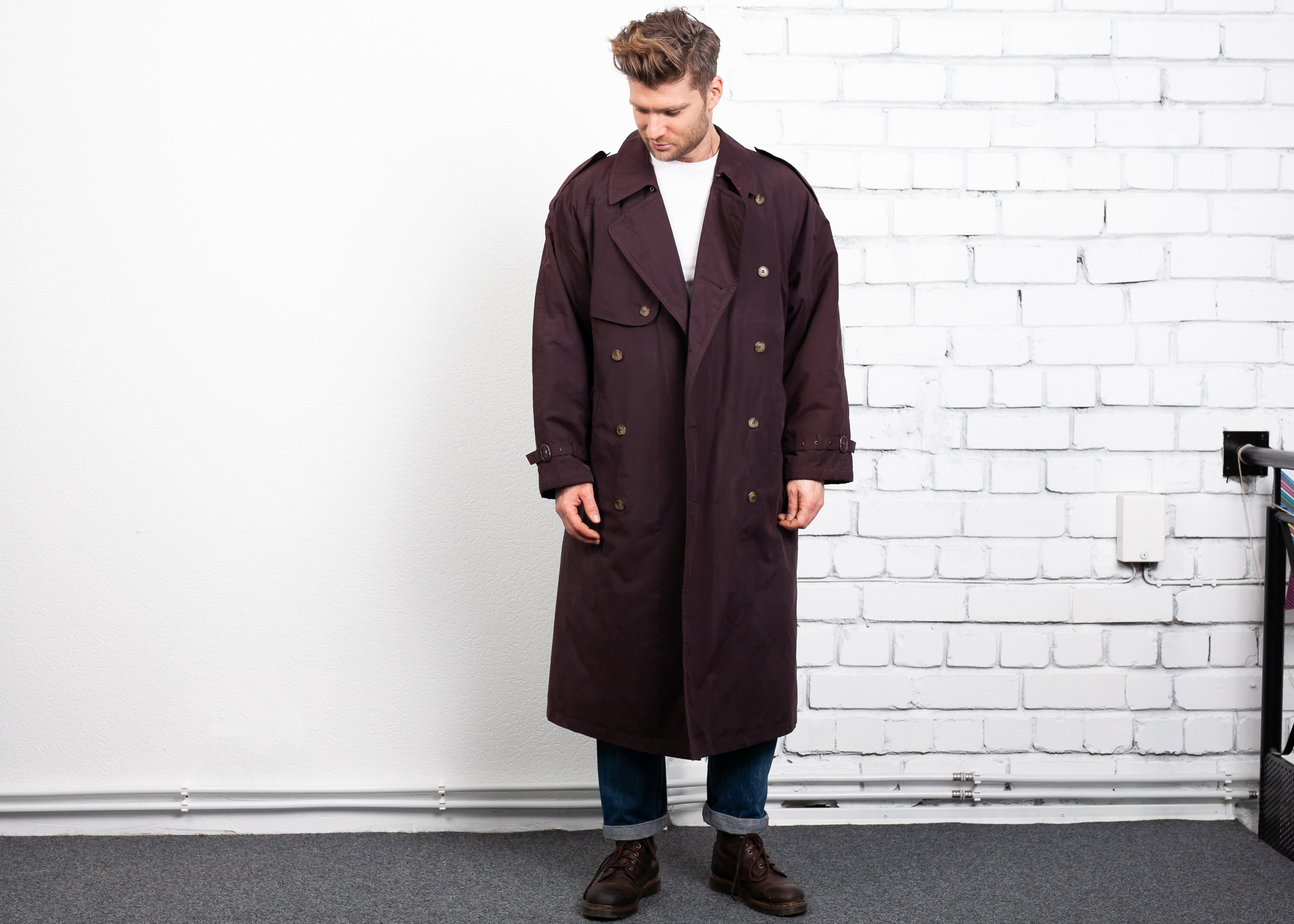 Men Padded Trench Coat . Vintage Men's Purple Detective 80s Rain Coat