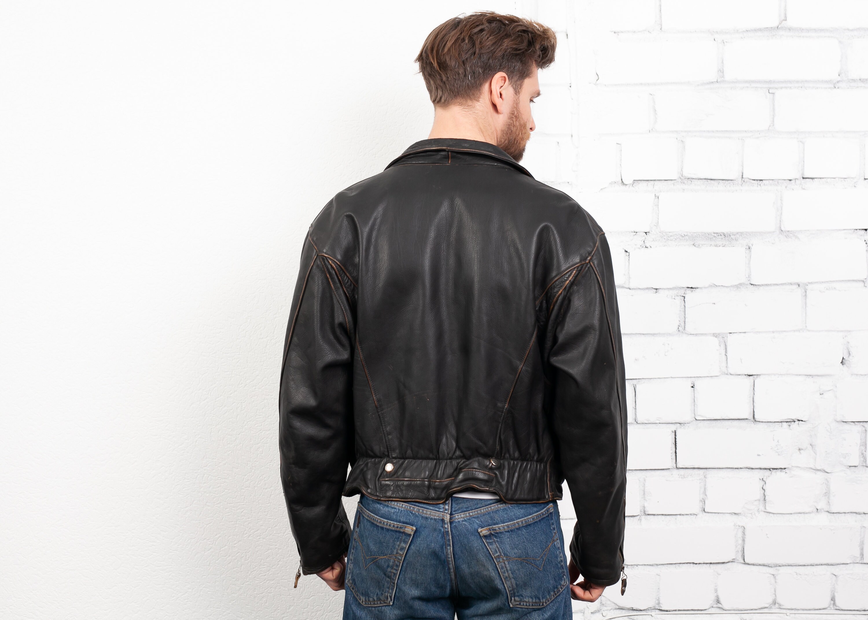 Vintage Men Side Zip Leather Jacket . Retro Men's Leather 70s Black