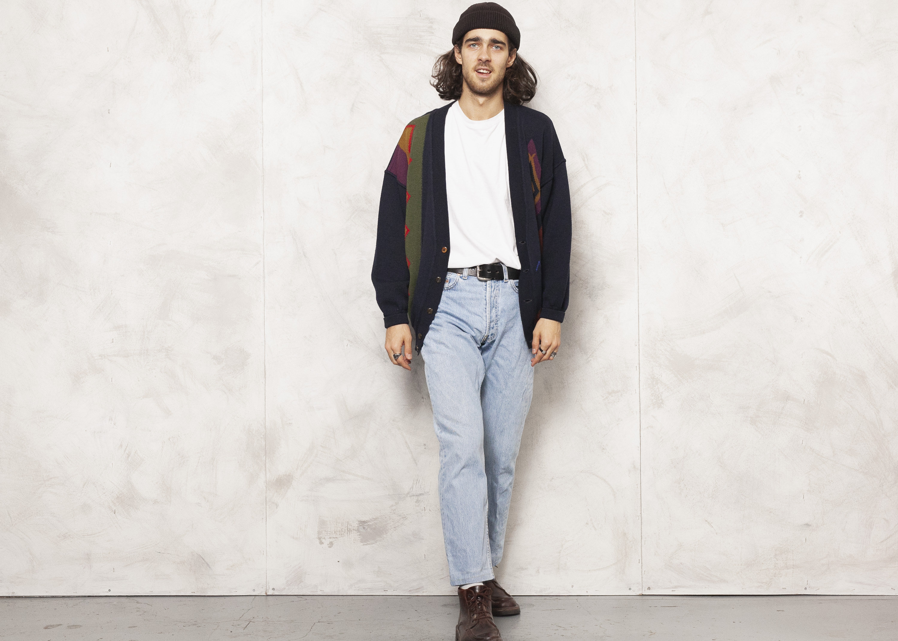 Geometric Print Cardigan Blue Men Vintage 90s Knit Cardigan Knitted