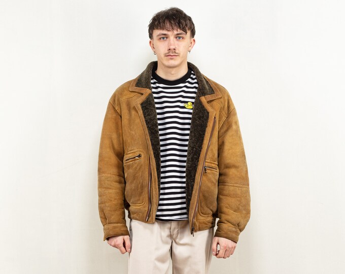 Sheepskin Jacket Men 80's vintage brown sheepskin suede shearling jacket flight aviator jacket pilot men vintage clothing size large L