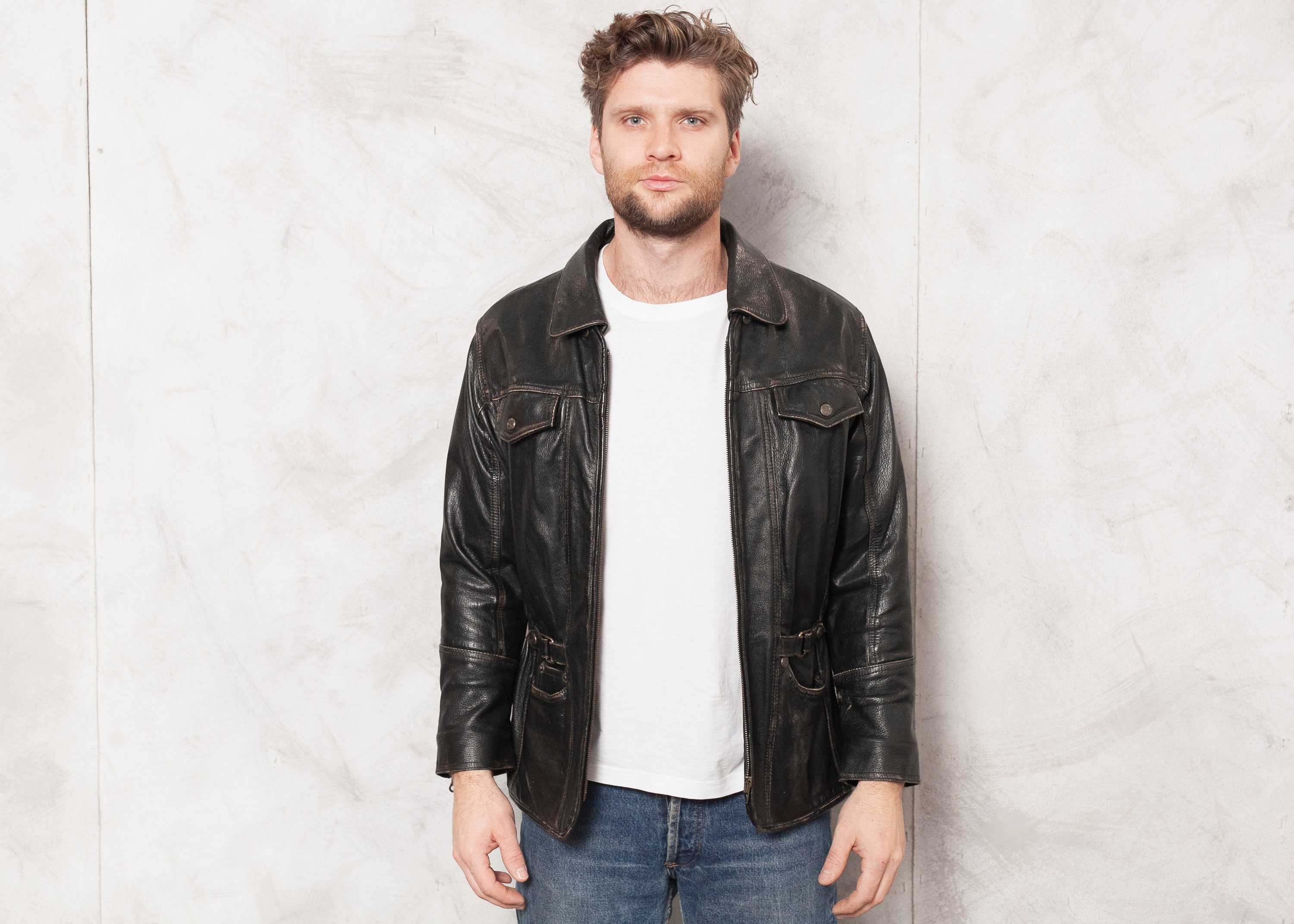 Rugged Biker Jacket Vintage 90s Men Jacket Black Moto Leather Jacket