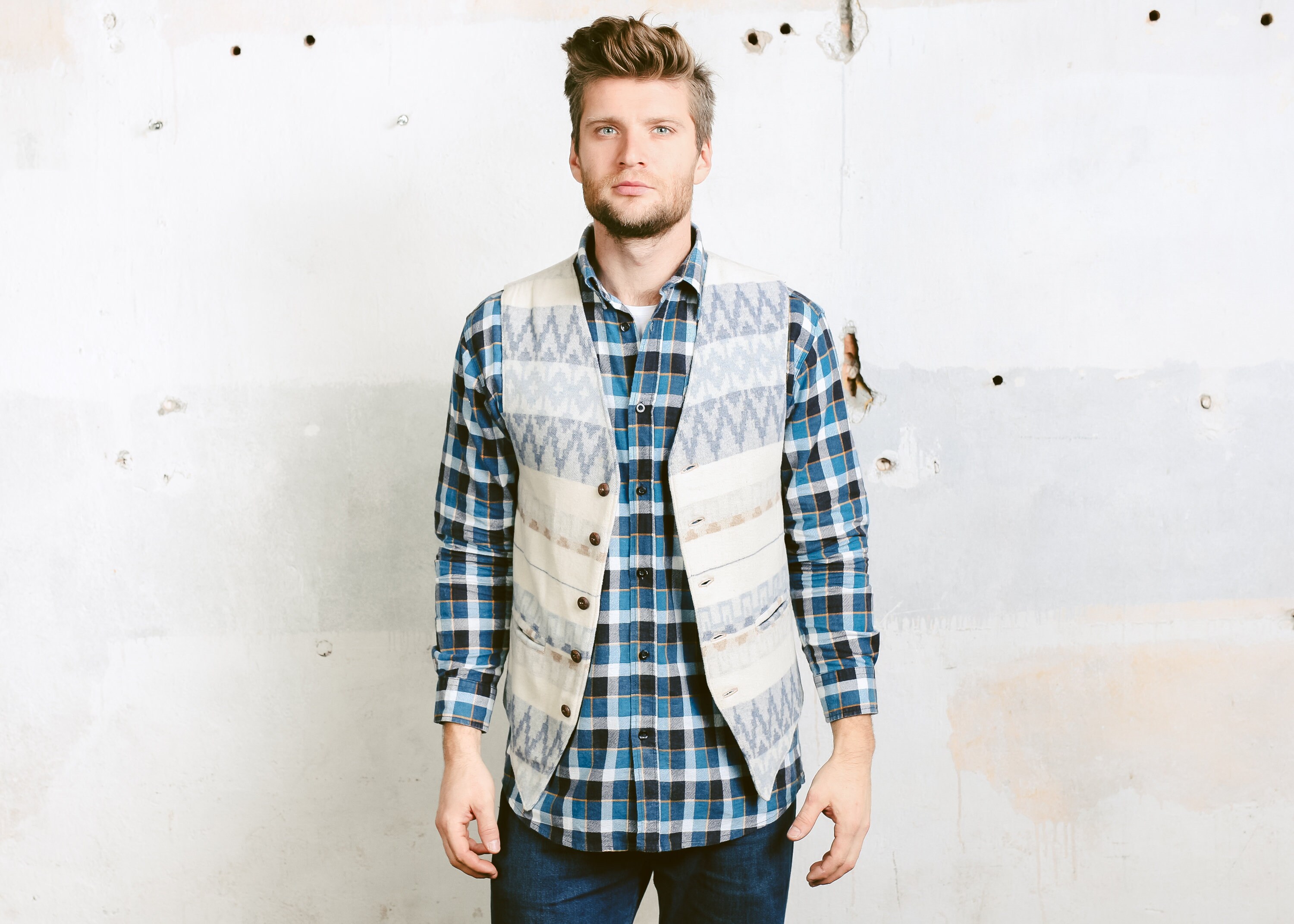 Men's Peruvian Vest . Vintage Aztec Woven Vest Waistcoat Blue Striped