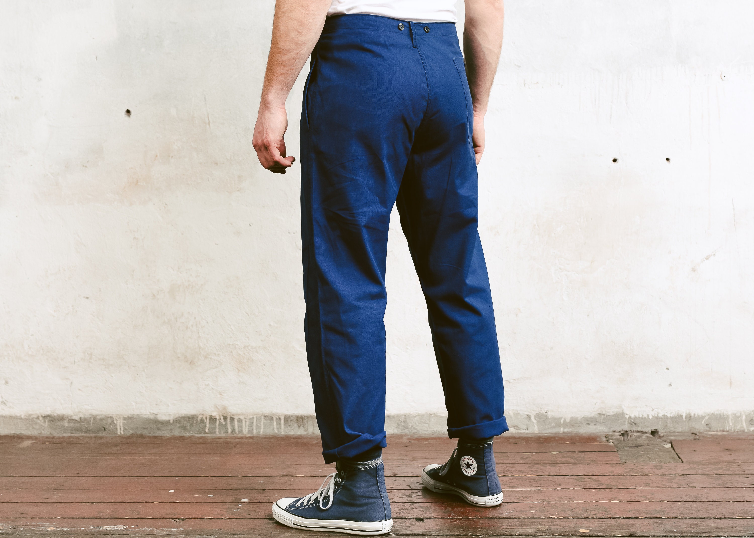Vintage Men Chore Pants . Navy Blue Men Ankle Pants Cotton Trousers
