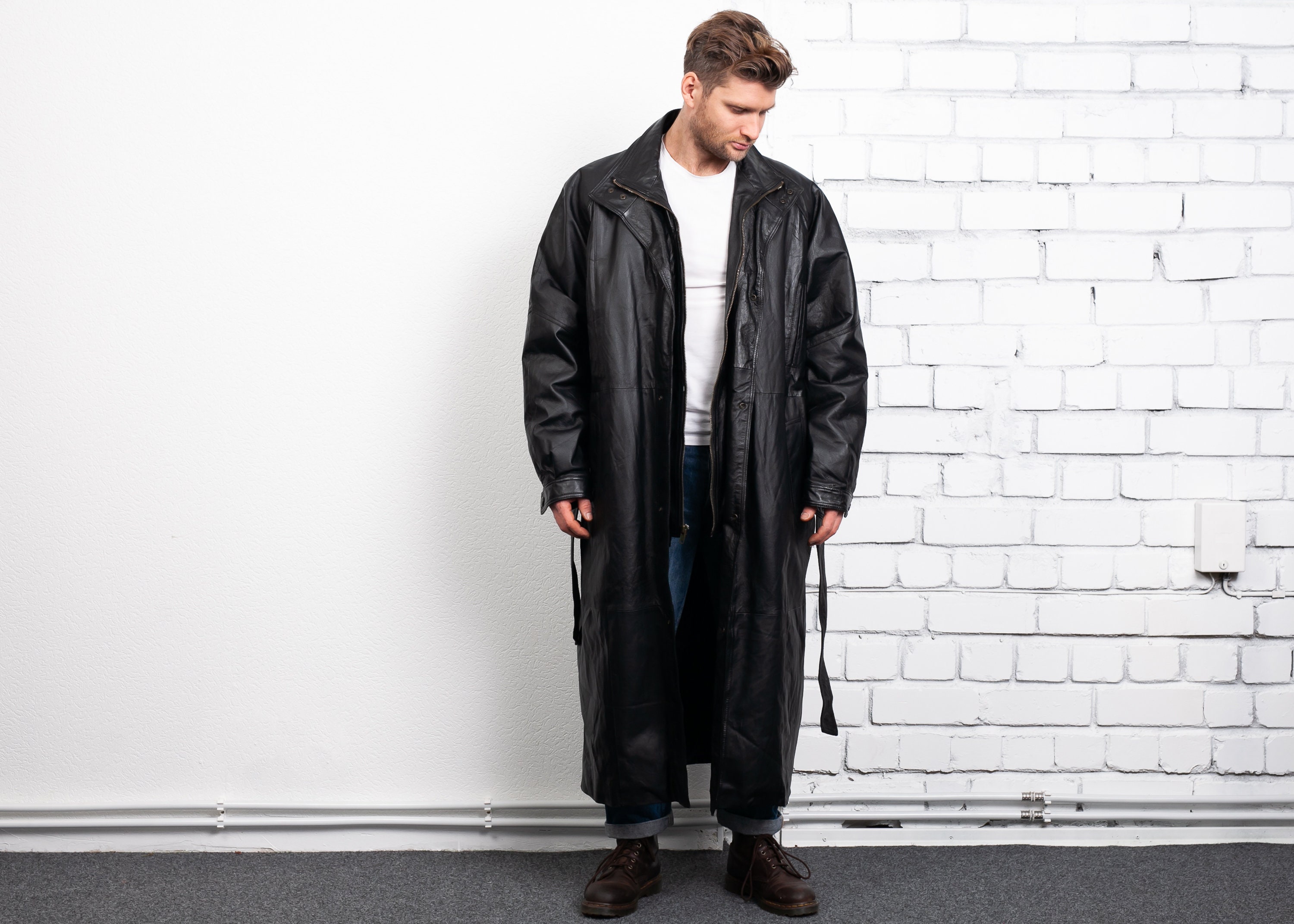 Black Leather Coat . Men Longline Coat 90s Men's Coat Film Noir Topcoat ...