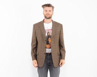 1990s Beige Plaid Wool Blazer, Vintage Sport Coat, Men's Size L