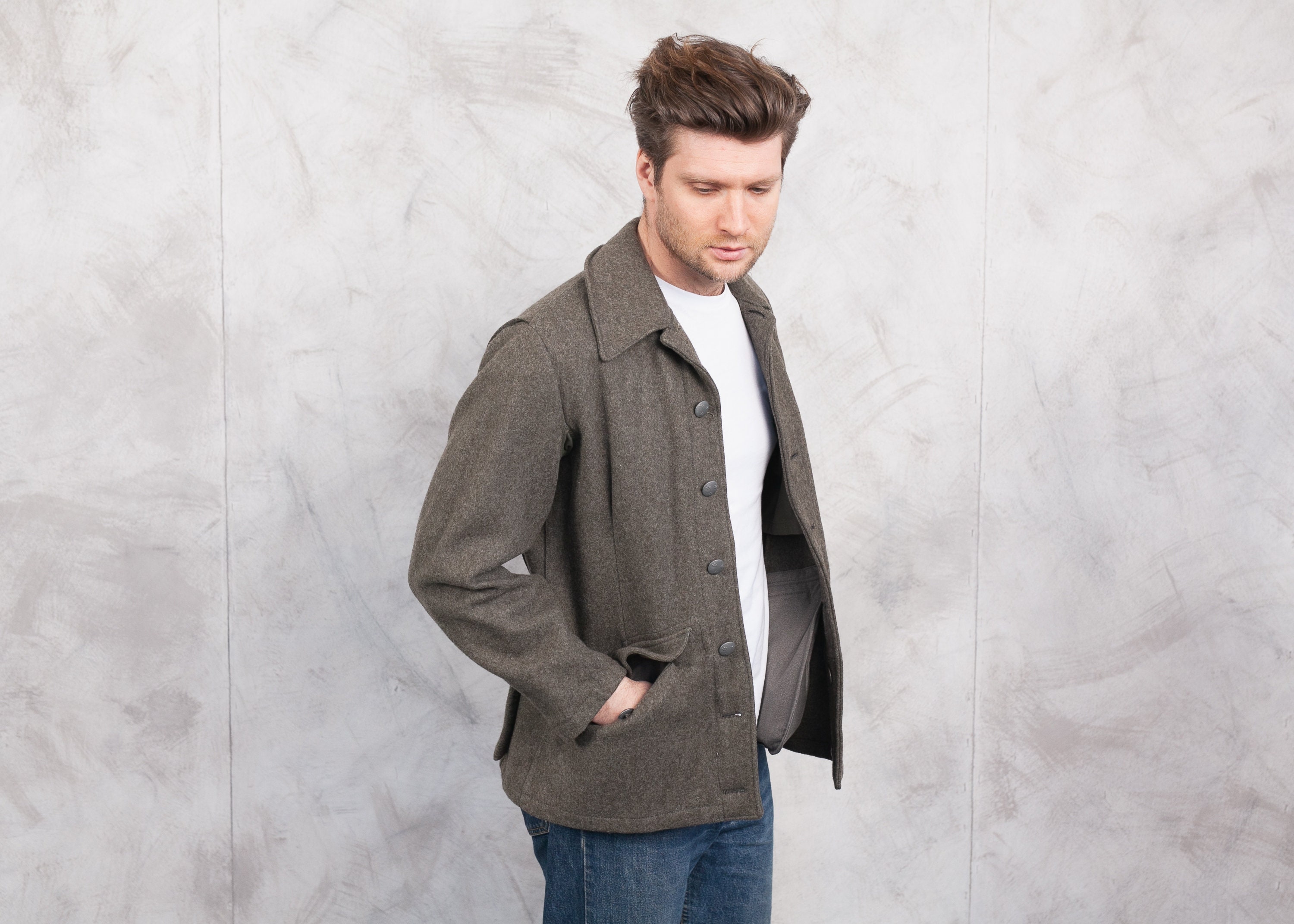Vintage Swedish Army grey denim cotton work jacket military coat field chore 4p Vintage Swedish Army grey denim cotton work jacket military coat field chore 4p