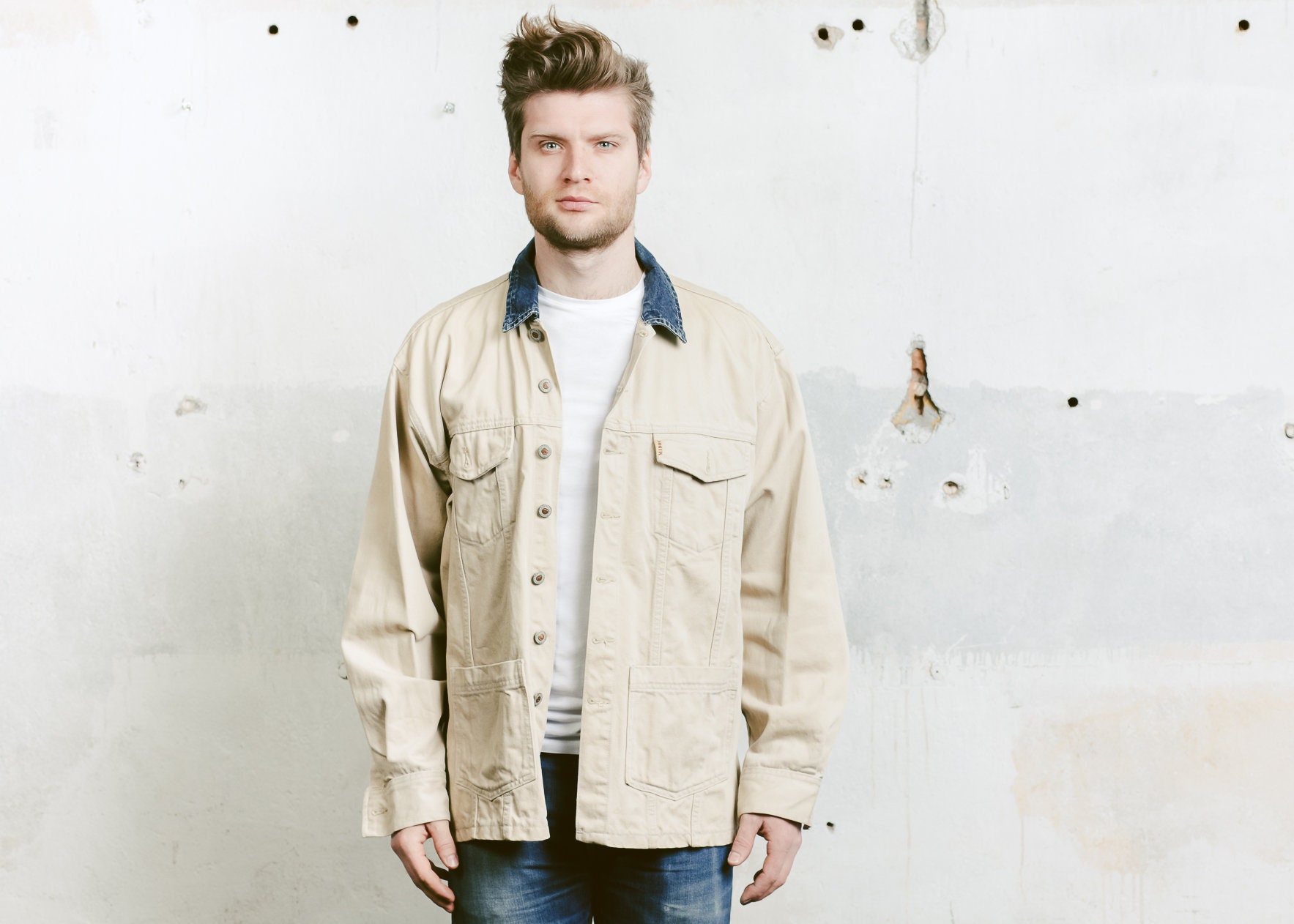 90s Beige Denim Jacket . Bomber Coach Jacket Mens Vintage Denim Coat ...