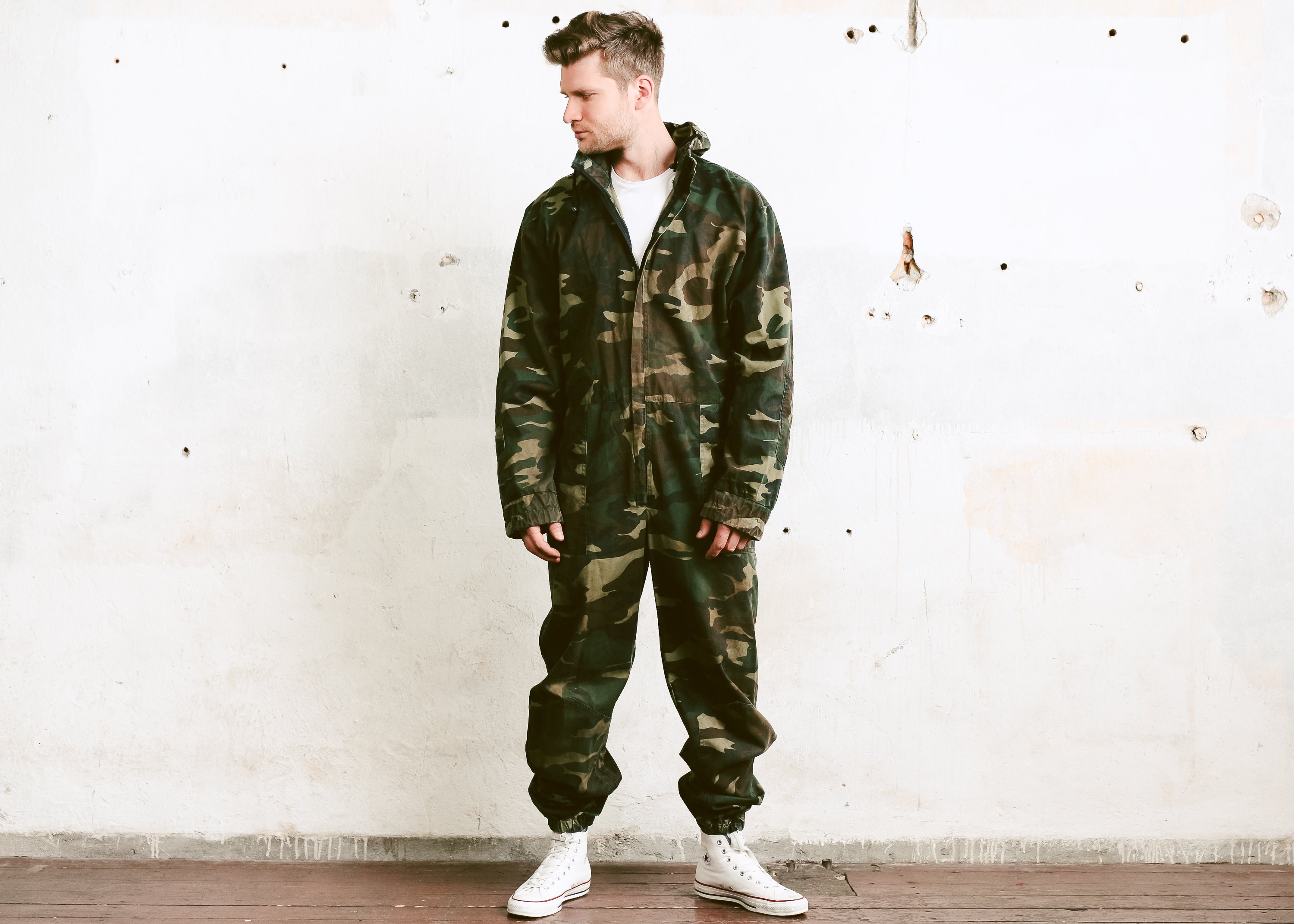 Full Cover Camouflage Jumpsuit . Vintage 70s Military Hooded Coveralls ...