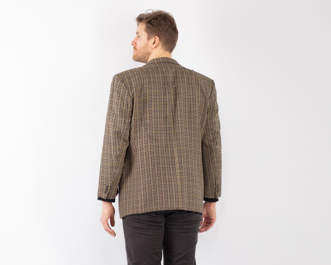 1990s Beige Plaid Wool Blazer, Vintage Sport Coat, Men's Size L, foto 2 di 5