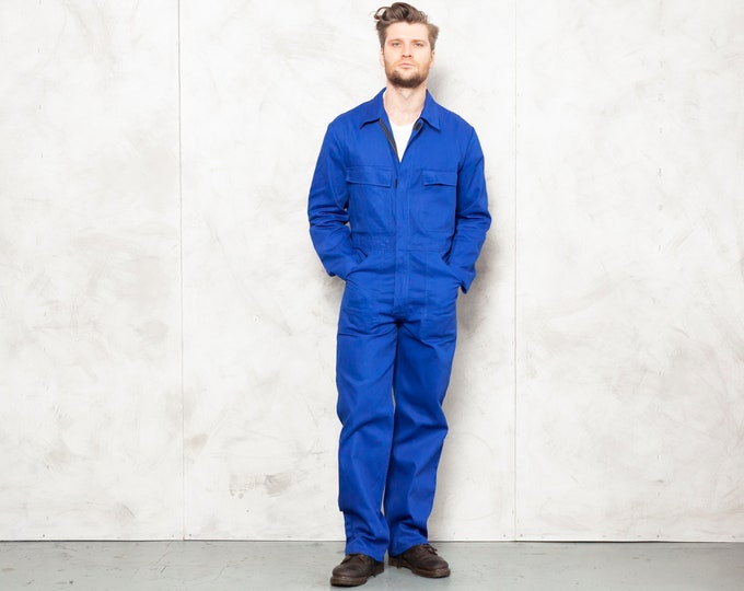 Blue Work Jumpsuit coveralls vintage 1990s 0veralls men clothing garage workwear retro jumpsuit mechanic wear size medium