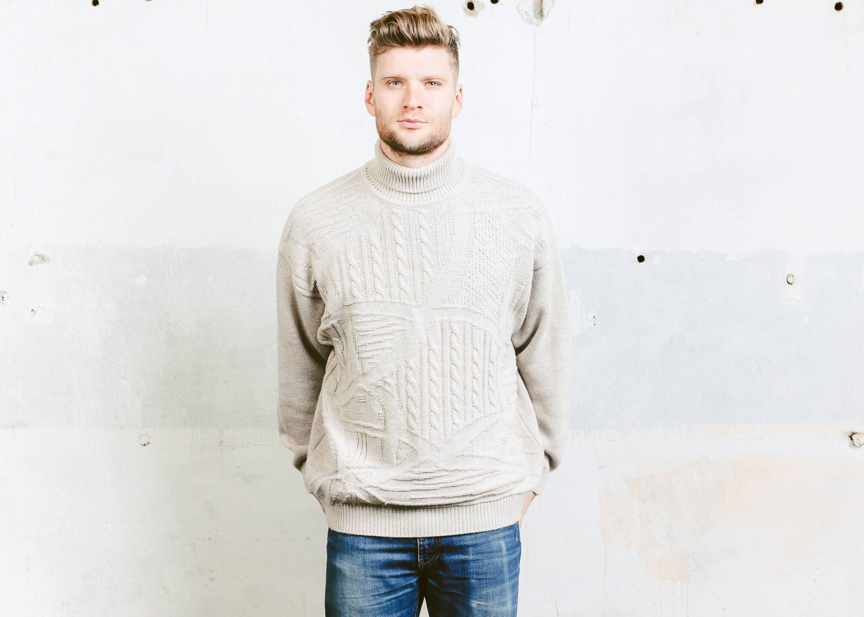 Men's Beige Turtleneck Sweater . Fishermen Sweater Vintage Chunky Knit ...