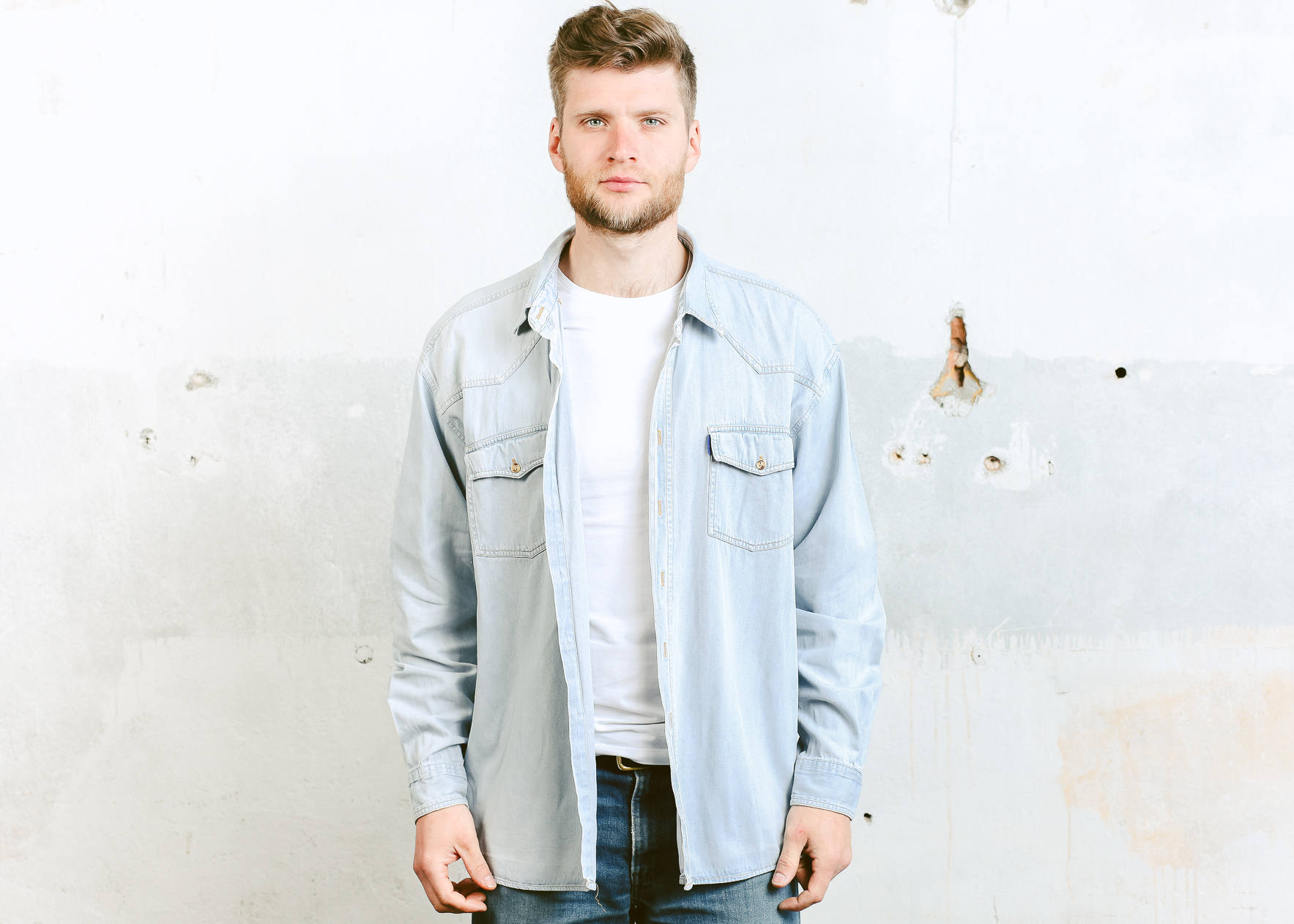 Vintage 90s Denim Shirt . Light Blue Shirt Chambray Men's 90s Grunge ...