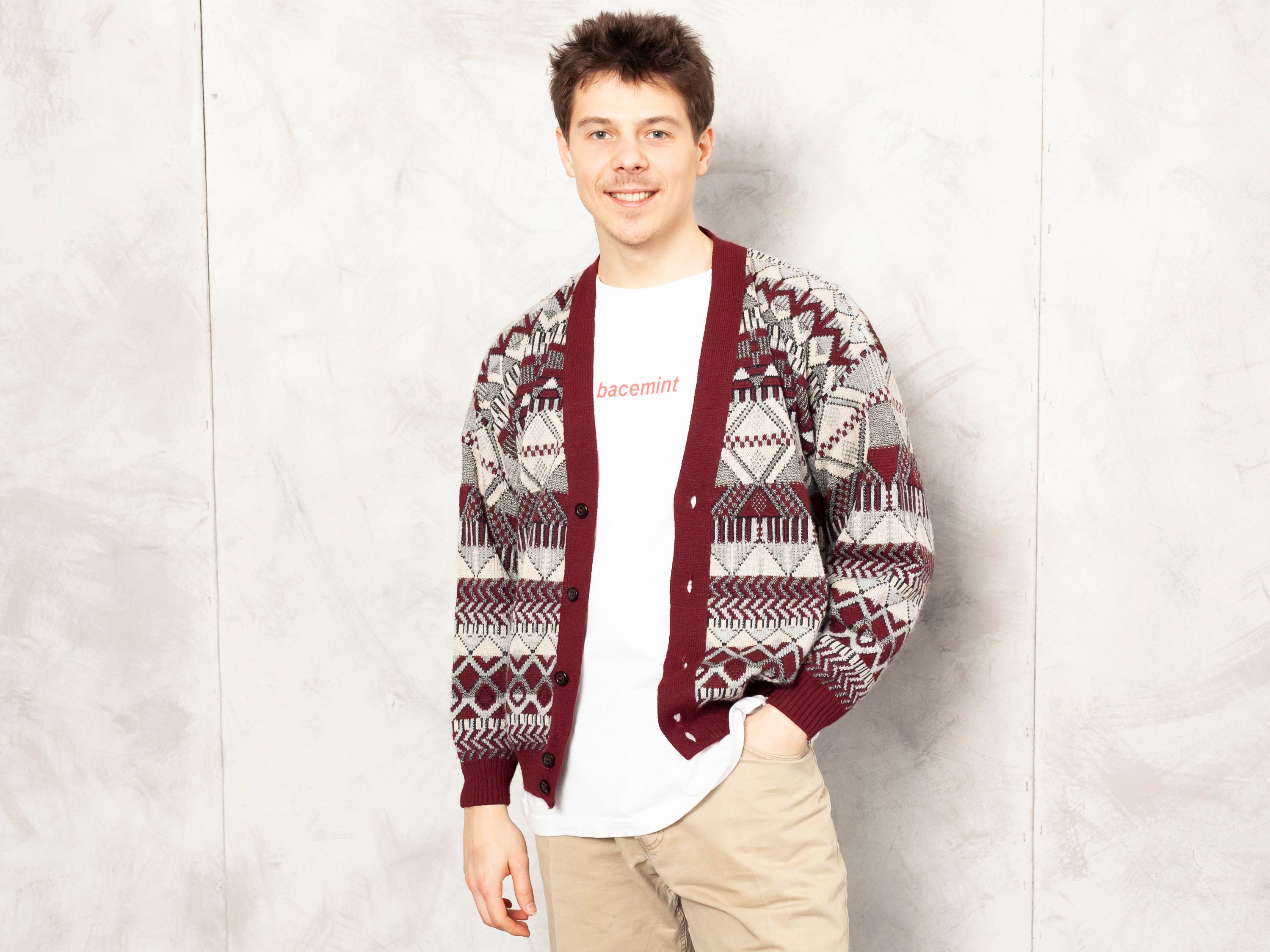 Patterned Men Cardigan vintage 80s knit 
