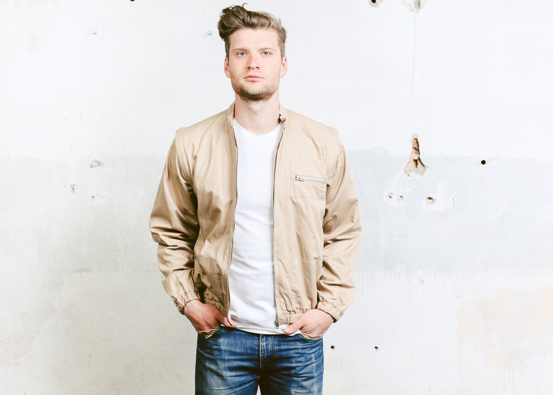 Men's Cotton Bomber Jacket . Beige Vintage Spring Jacket 80s Jacket ...