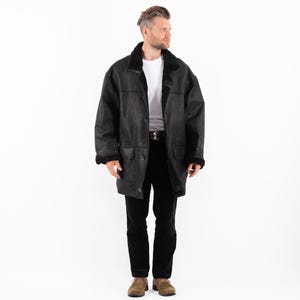 90s Oversized Black Sheepskin Coat, Men&#39;s Size XL Sheepskin Coat, Vintage Shearling Coat, Retro Black Leather Coat, Men&#39;s Clothing, Western