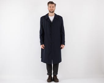 70s Blue Cotton Blend Trench Coat, Vintage Office Coat, Men's Size L/XL