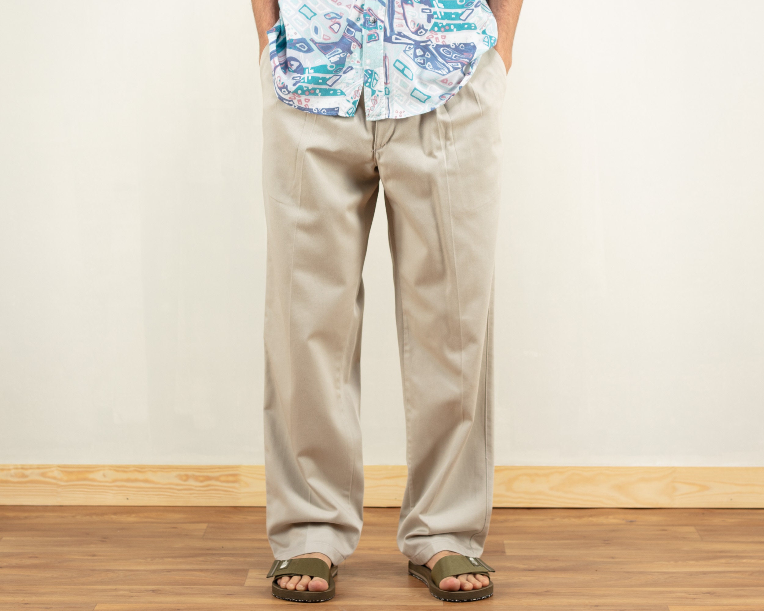 Casual Beige Pants Men Vintage 80s Suit 