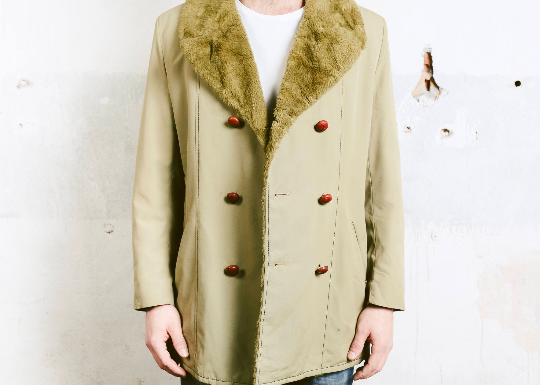 Vintage 70s Mens Coat Beige Faux Fur Collar and Lining Trench Coat Long ...