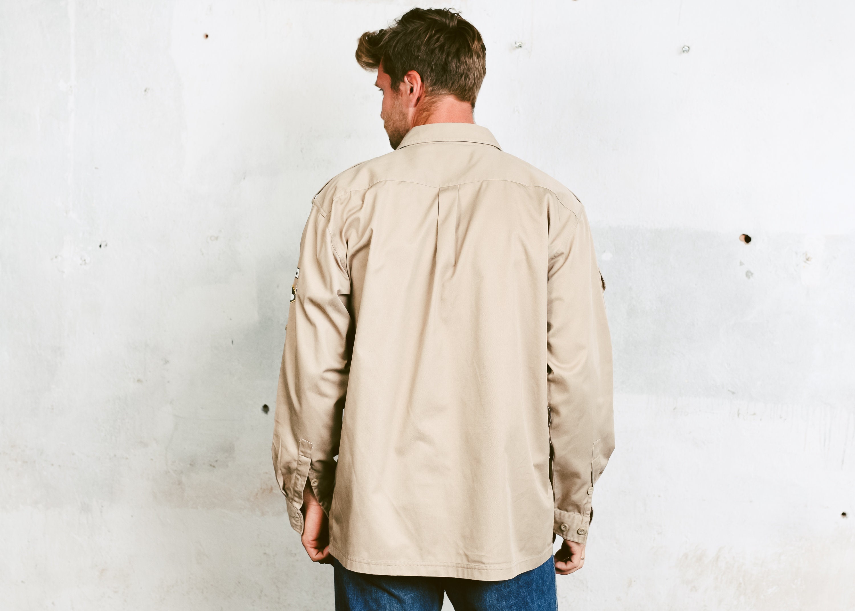 Men's MILITARY Safari Style Shirt . Army Beige Vintage 90s Long Sleeve