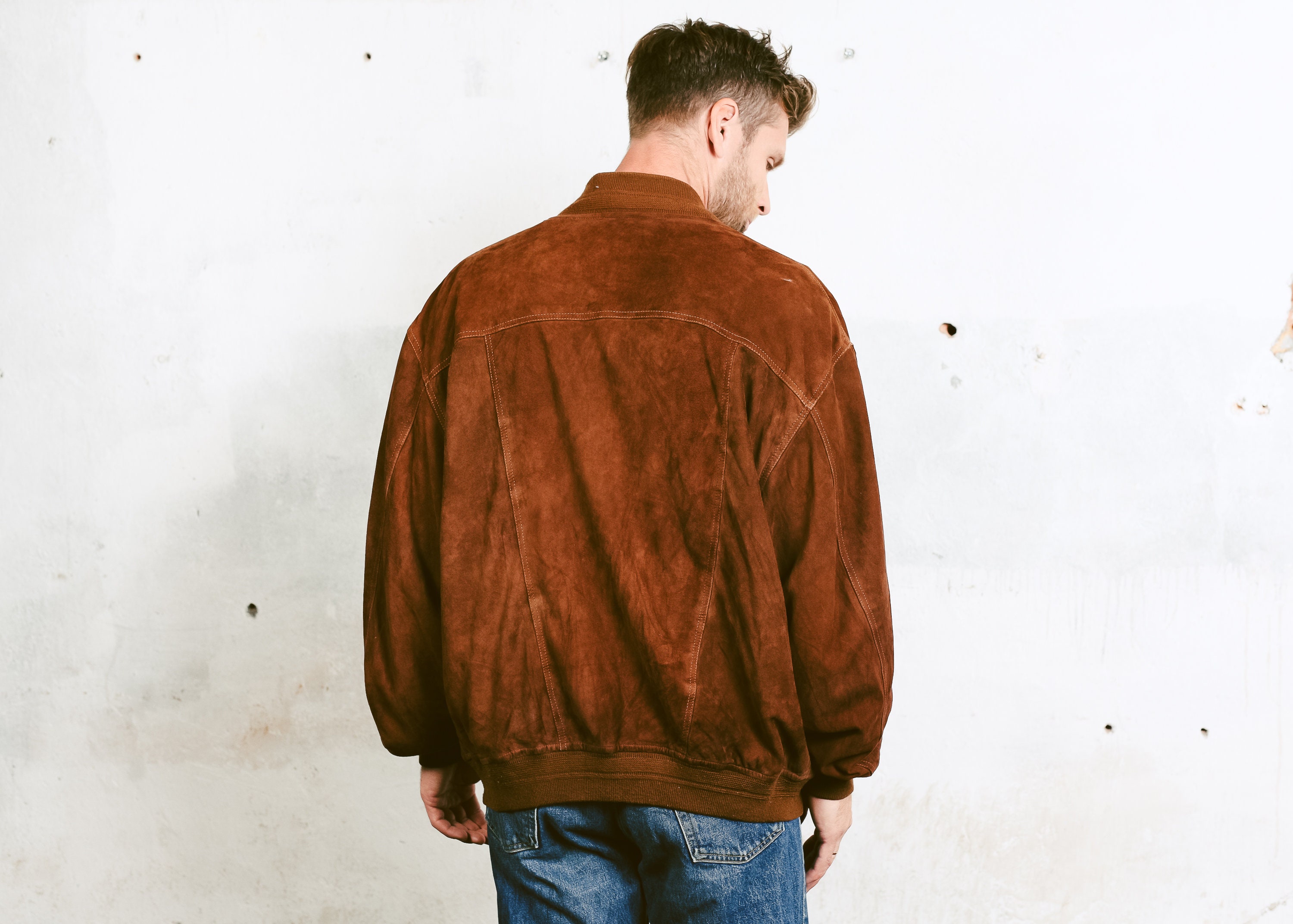 Suede Leather Bomber Jacket . Mens Button Down Brown Jacket 90s Grunge ...