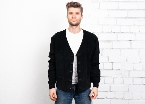Black Suede and Knit Jacket . Vintage Cardigan 90s