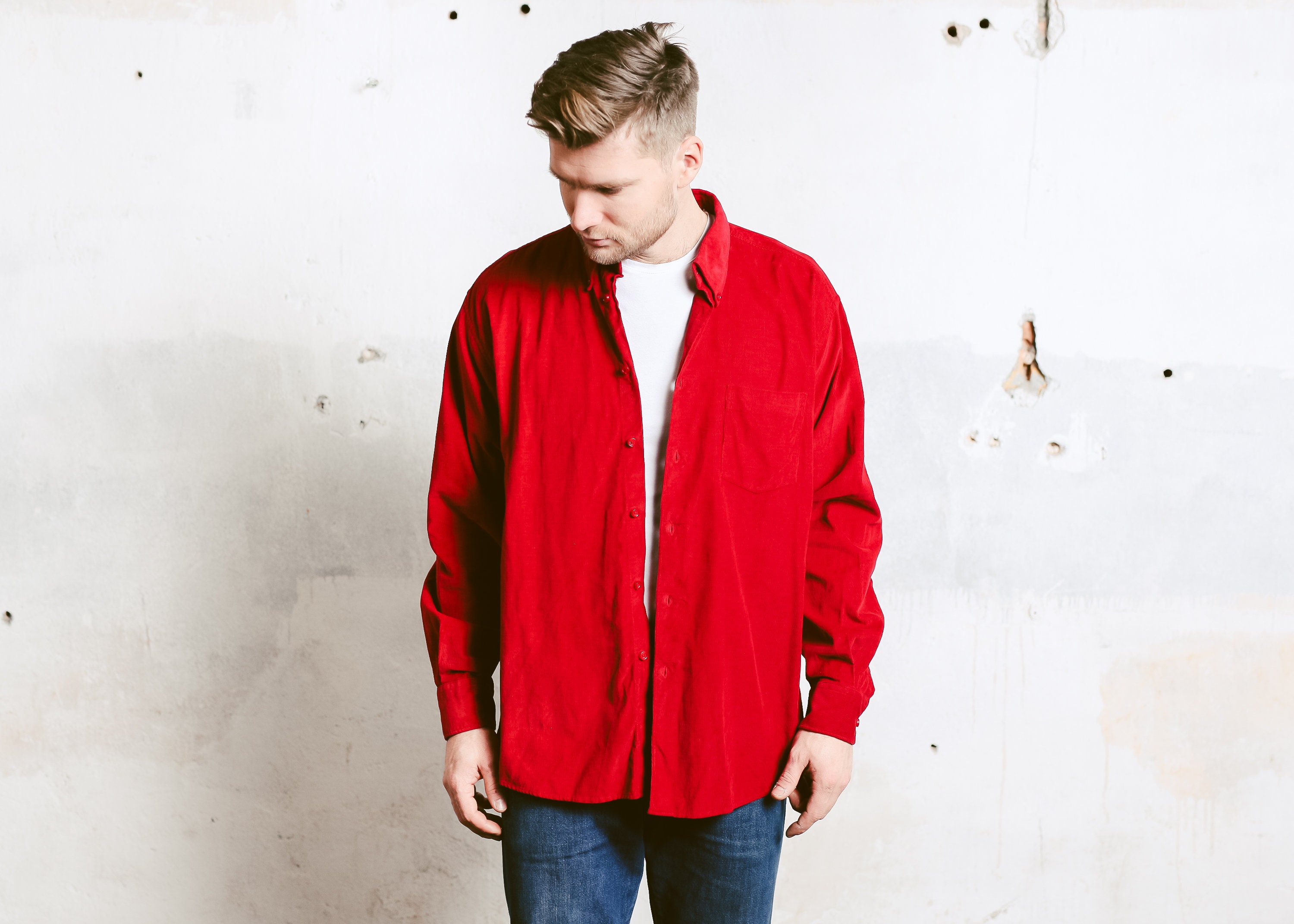 90s Corduroy Shirt . Vintage Red Shirt Oxford Shirt Long Sleeve Shirt Men's Minimalist Dark Red 