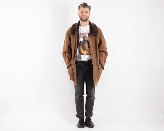90s Men's Beige Sheepskin Coat, Size L Sheepskin Coat, Men