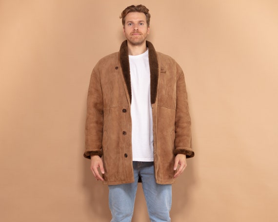 Brown Shearling Coat 70s Size Large Men Sheepskin Coat 