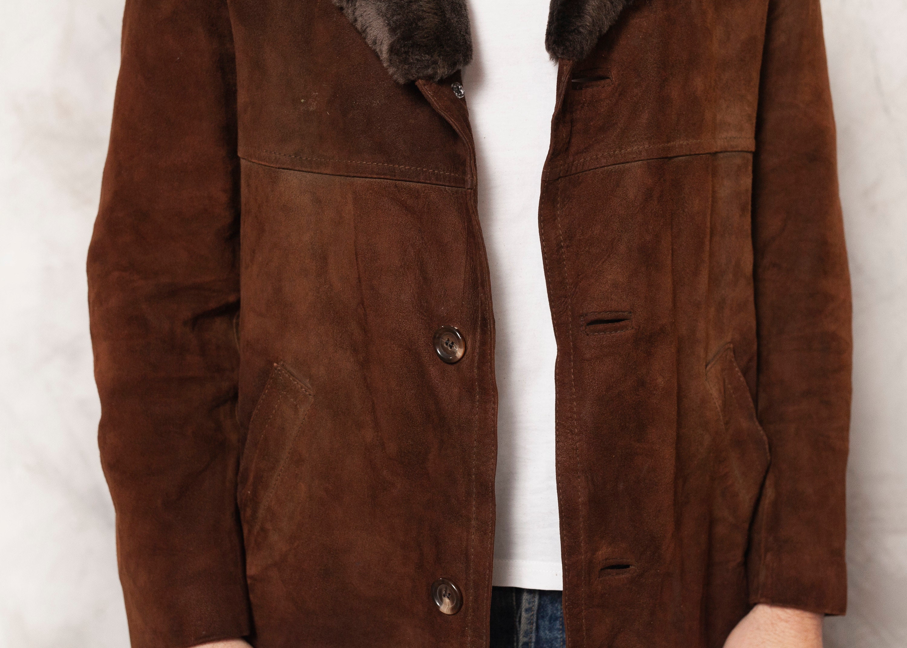 Leather Suede Coat Vintage 70s Brown Sherpa Coat Mens Winter Coat Original Suede Winter Clothing
