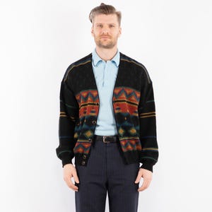 70s Men Patterned Cardigan, Men&#39;s Size L Button Up Cardigan, Cozy Wear, Vintage Wool Jacket, Retro Knitwear, Vintage Boho, Cottagecore
