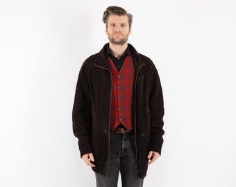 Cappotto vintage anni '90 in montone marrone, giacca in pelle di montone, taglia uomo L/XL