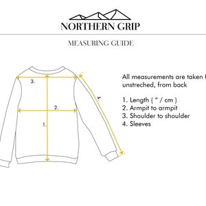May include: Diagram showing how to measure a sweatshirt. The measurements include length, armpit to armpit, shoulder to shoulder, and sleeves. All measurements are taken flat, unstretched, from back.