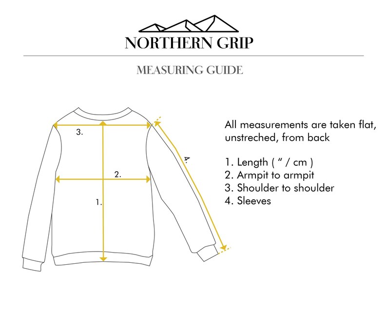 May include: Diagram showing how to measure a sweatshirt. The measurements include length, armpit to armpit, shoulder to shoulder, and sleeves. All measurements are taken flat, unstretched, from back.