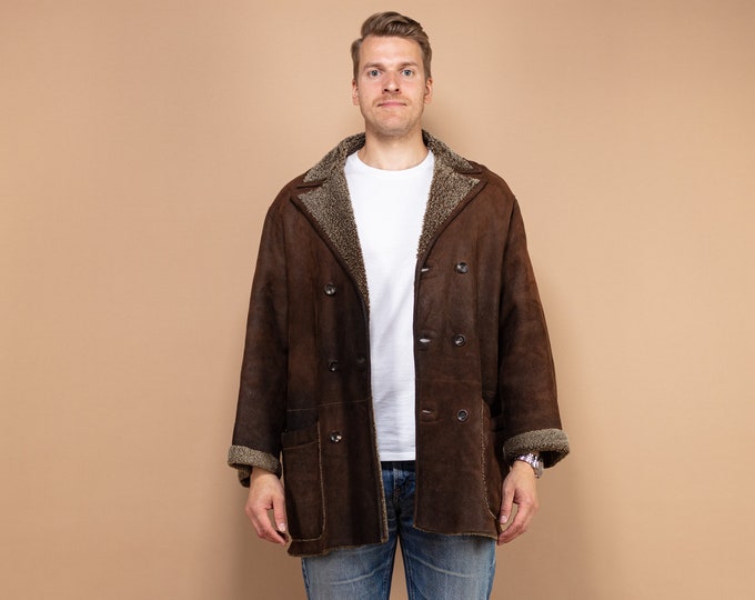 Sheepskin Leather Coat For Men Size Large L, Vintage Shearling Coat, Retro Suede Outerwear, Classic Brown Coat, Leather Coat Sheep Skin 90's