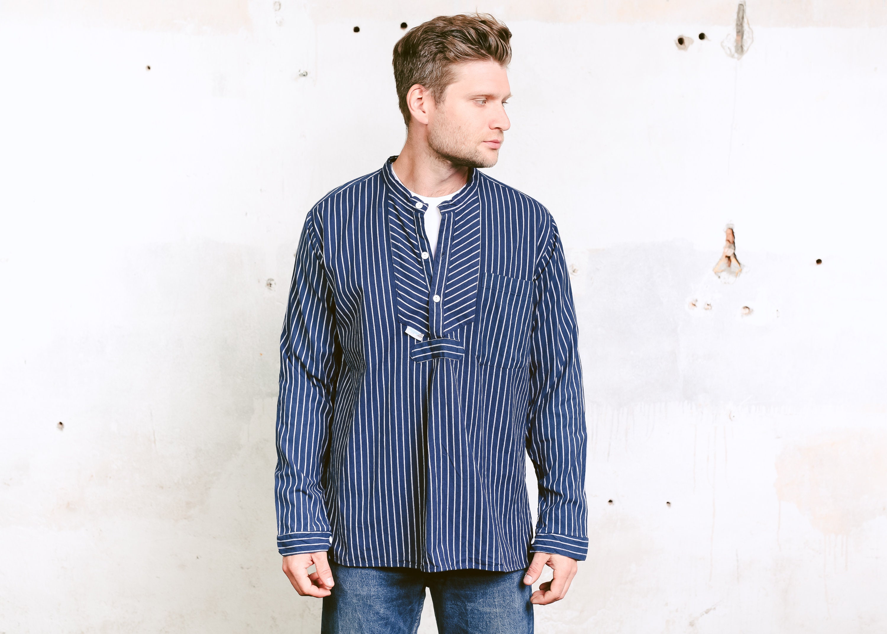 Striped Workwear Smock Shirt . Blue 70s Shirt Collarless Band Collar ...