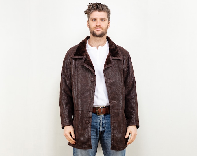 Men Sheepskin Coat 90's vintage men coat brown suede shearling coat western style classy 90s retro vintage men clothing size large L