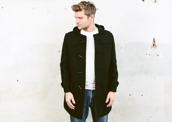 Black Wool Blend Duffle Coat . Vintage Hooded Coat
