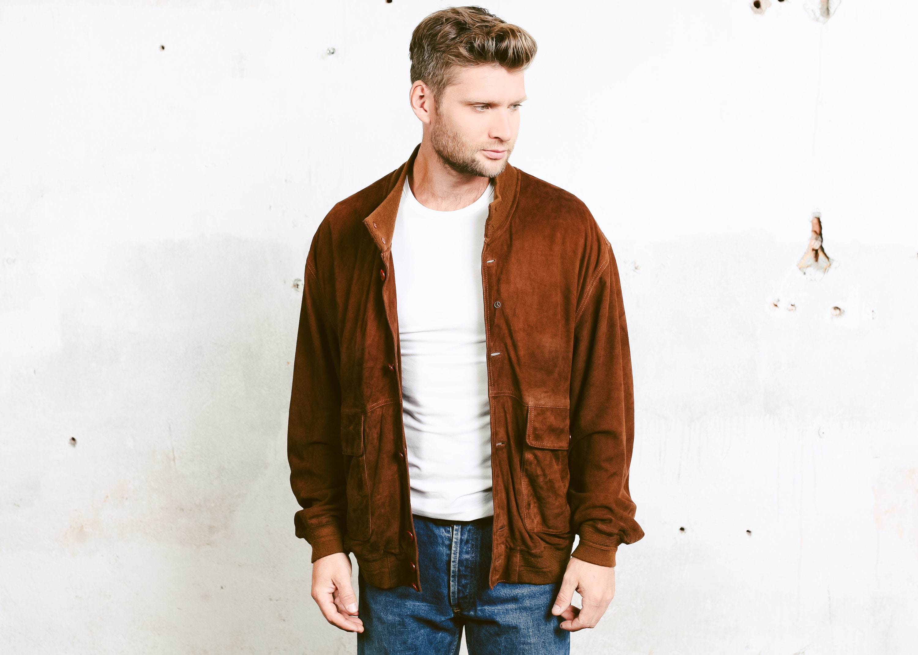 Suede Leather Bomber Jacket . Mens Button Down Brown Jacket 90s Grunge ...