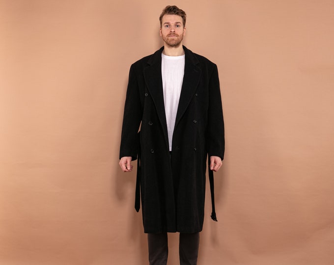 Belted Wool Coat, Size Large L, Vintage Cashmere Wool Coat, Men Topcoat, Long Minimalist Coat, Timeless Outerwear, Preppy Coat, Classic Coat