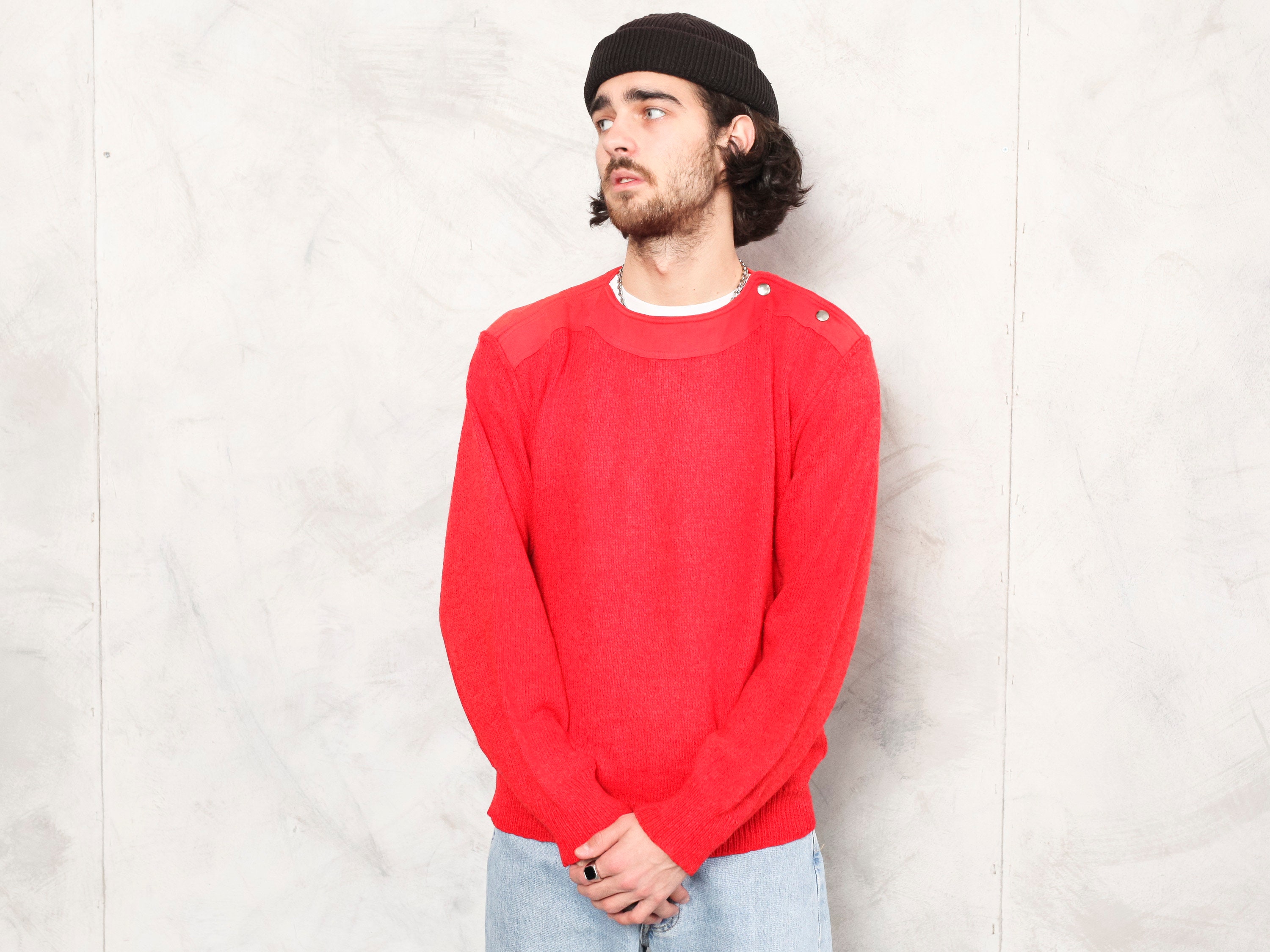 70s Knit Sweater vintage man clothing red retro pullover boho clothing