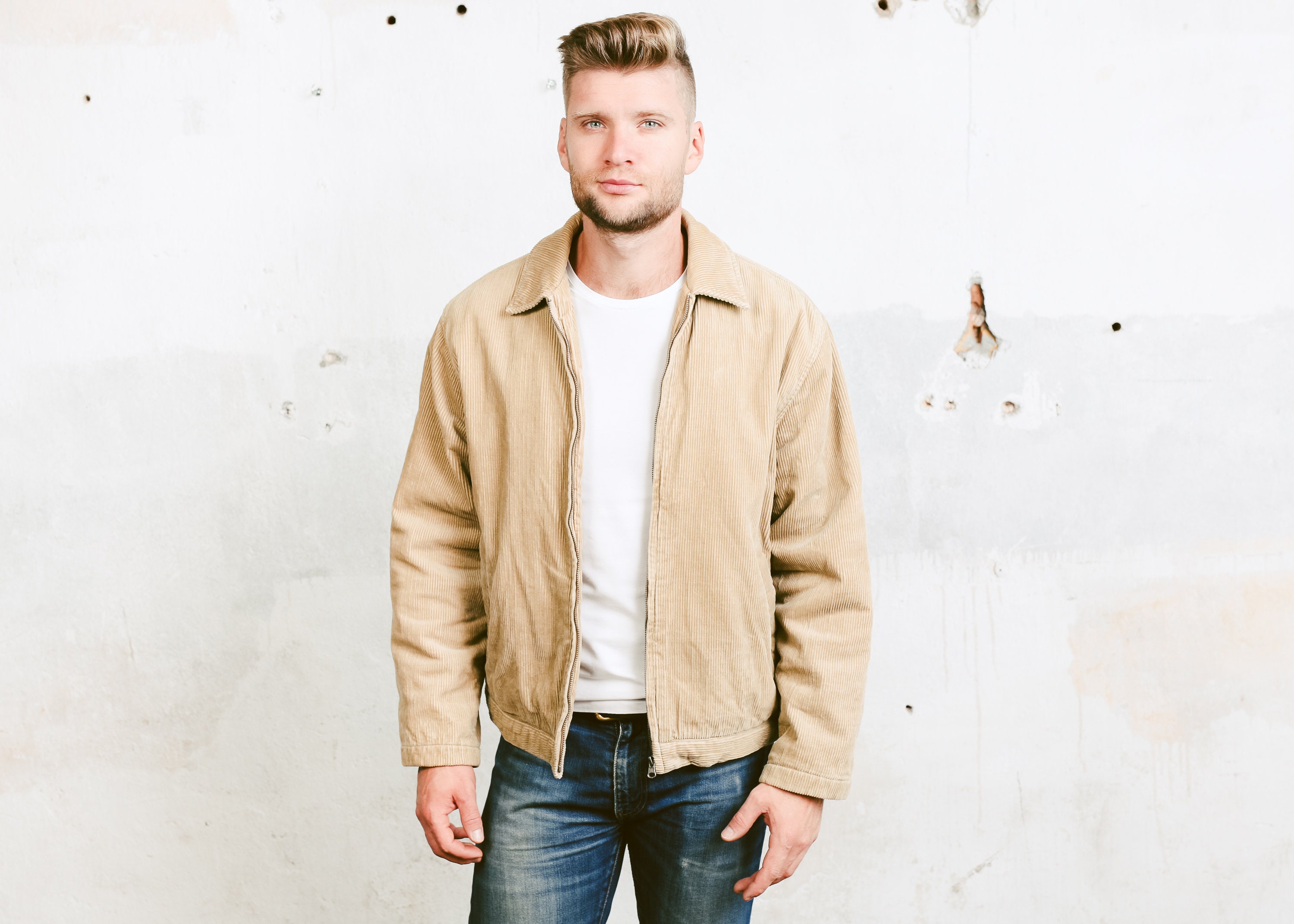 90s Corduroy Bomber Jacket . Men Vintage Clothing Retro Jacket Beige ...