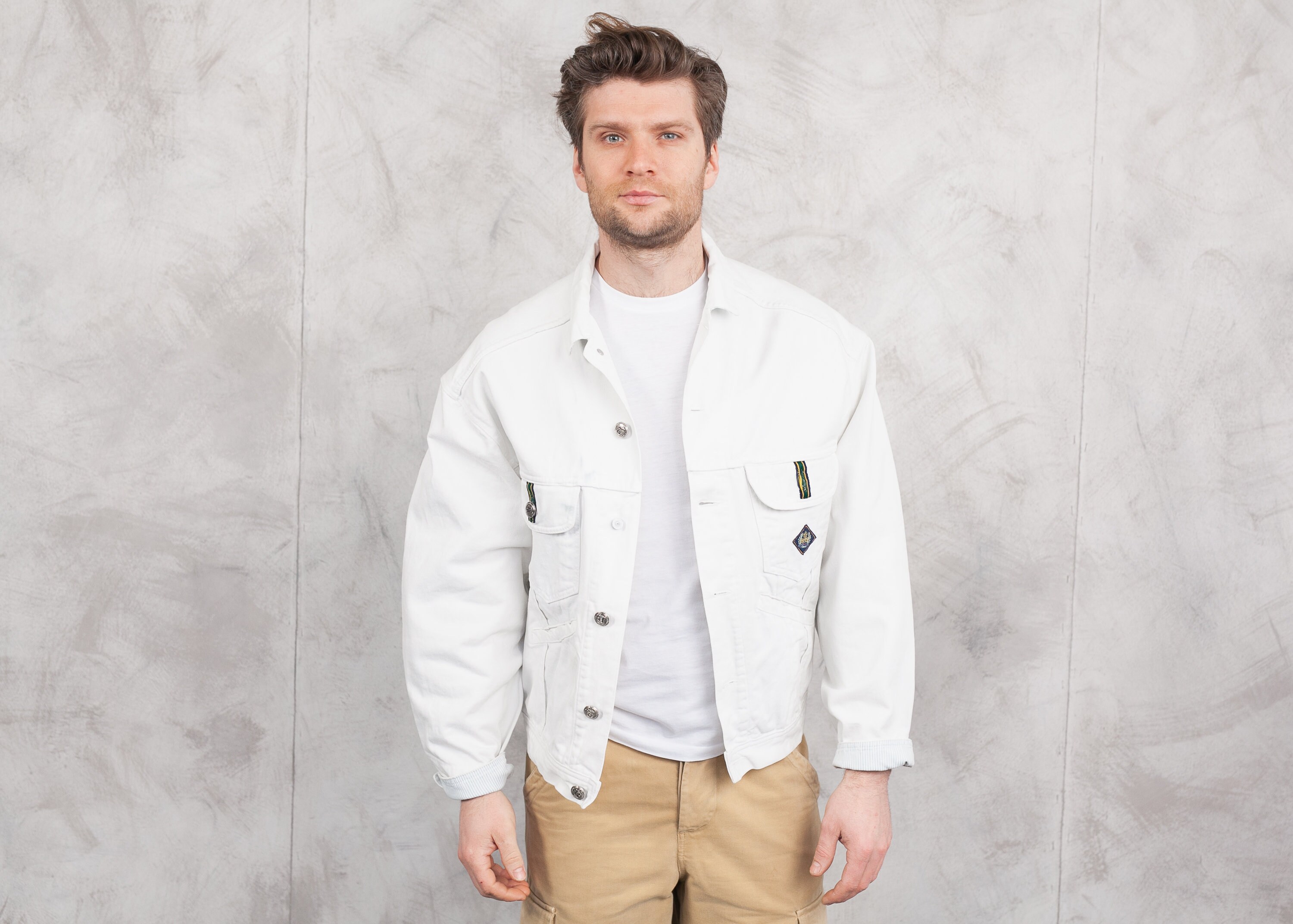 men's white denim jacket