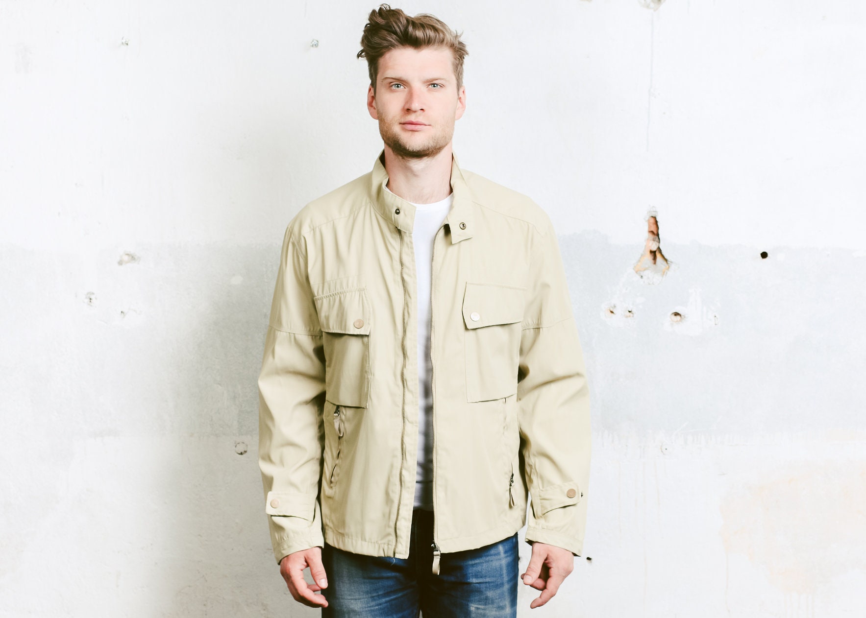 Men's 90 Bomber Jacket . Vintage 90s Beige Jacket Zip Up Unisex ...